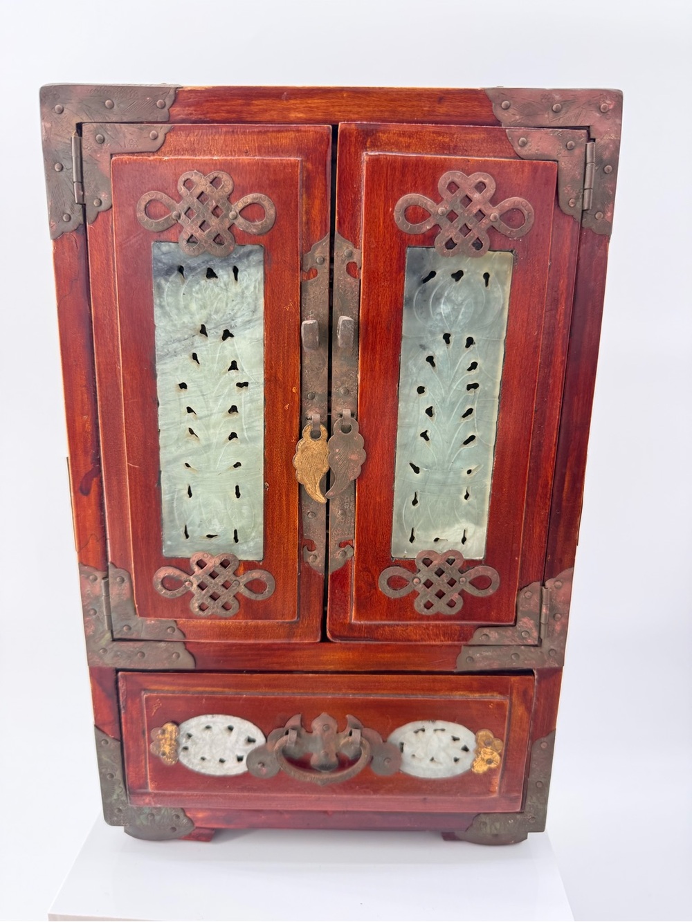 Antique-Style Red Wood Jewelry Cabinet with Jade Inlay - Unbranded